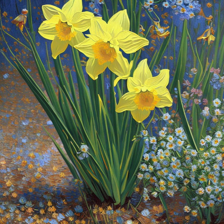 Vibrant yellow daffodils and bee in blue and white wildflower setting