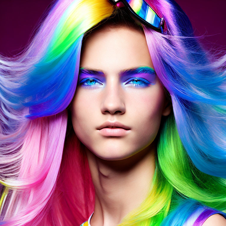 Vibrant rainbow hair and blue eye makeup on magenta background