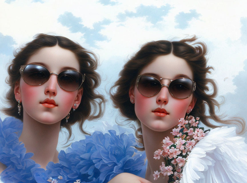 Identical Woman Portraits: Rosy Cheeks, Sunglasses, Blue Ruffles, White Fe