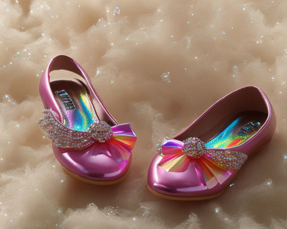 Pink Glittery Children's Shoes with Bow Embellishments on Rainbow Insoles