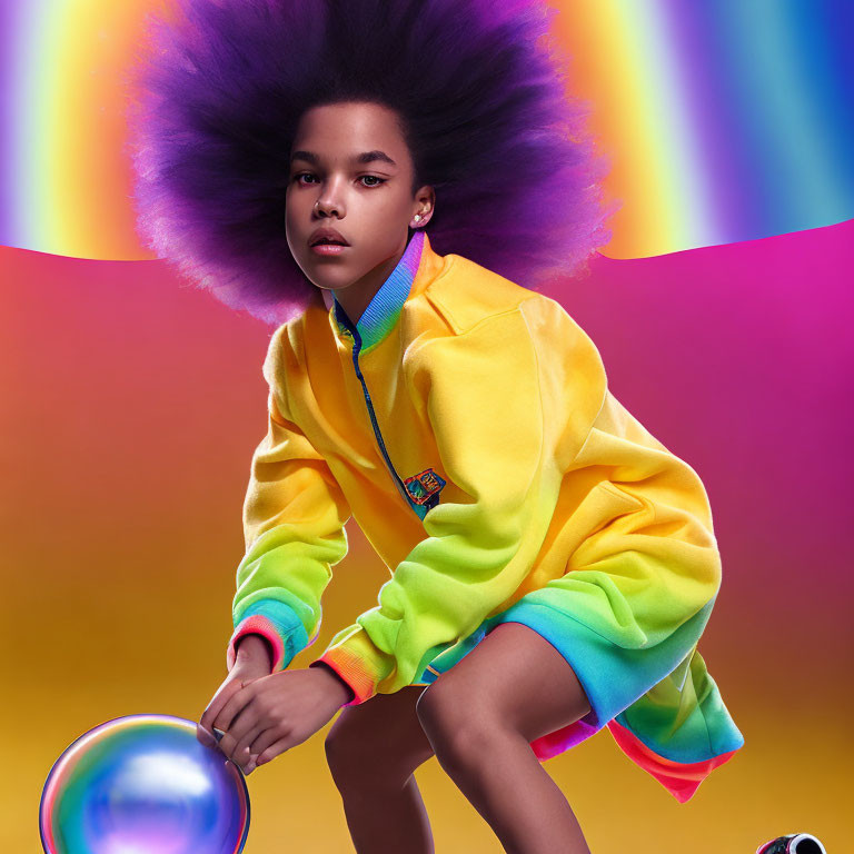 Person with Voluminous Afro Hair Touching Iridescent Bubble in Colorful Hoodie