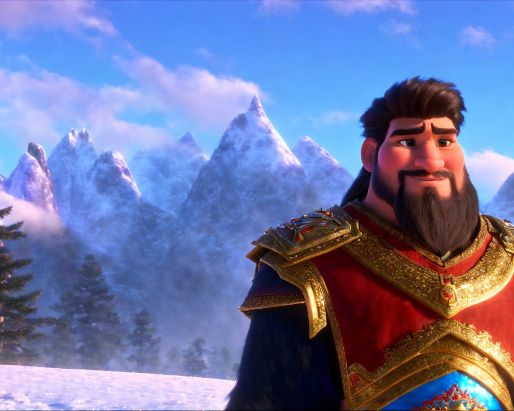 Bearded animated character in regal attire against snowy mountain