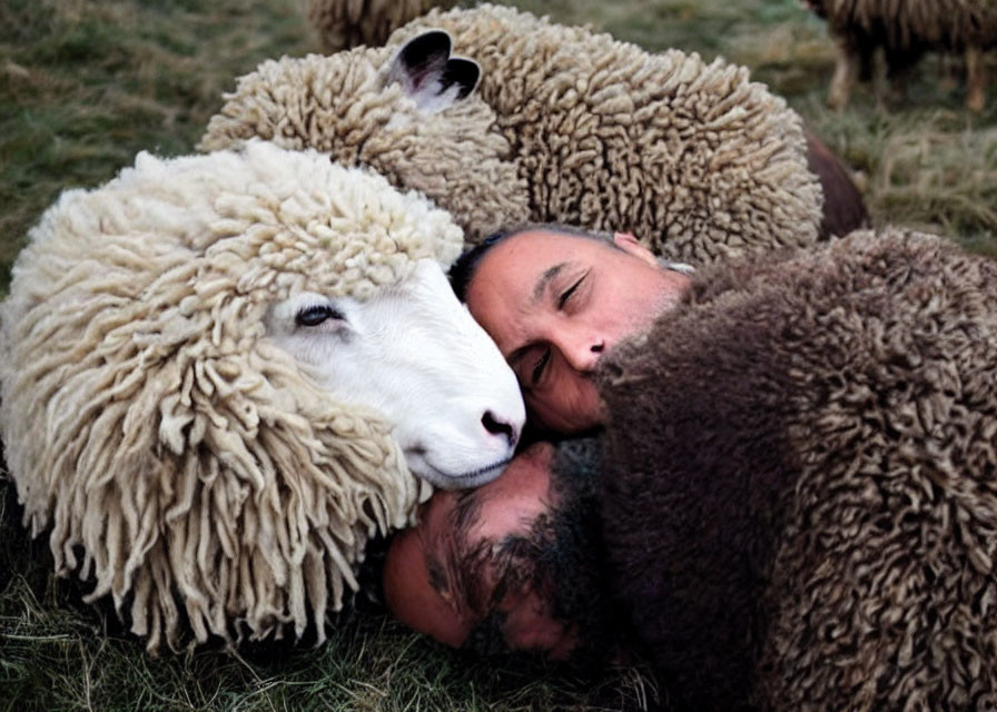 Man napping outdoors with three fluffy sheep