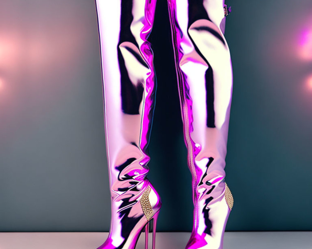 Shiny Metallic Pink Thigh-High Boots with Stiletto Heels and Rhinestone Details