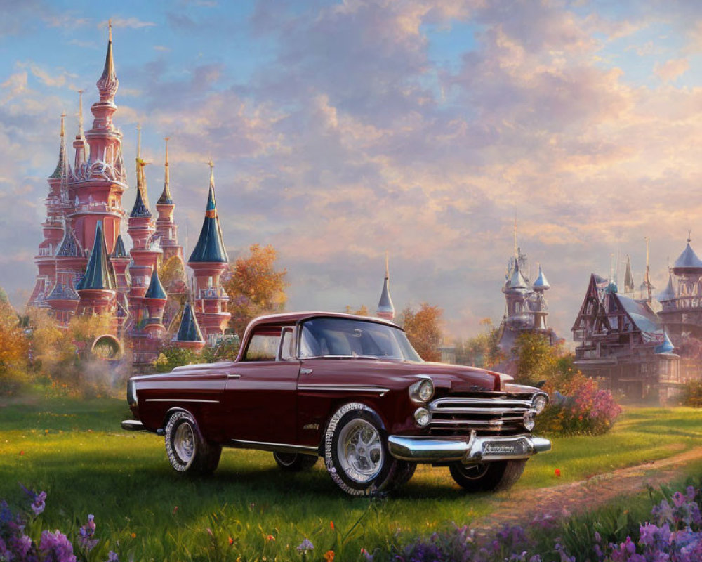 Vintage car in flower-filled field with castle and spires against soft sky