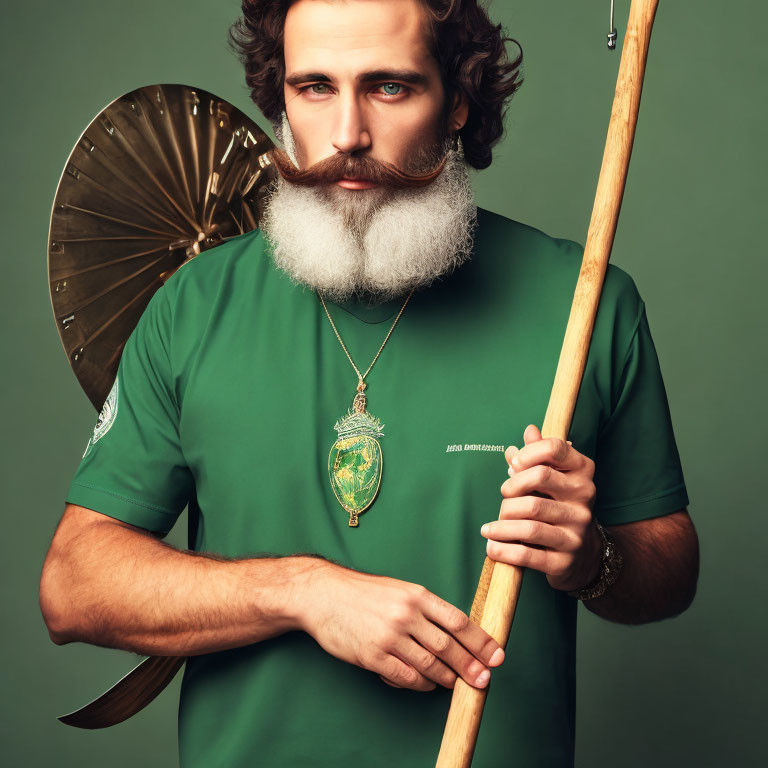 Bearded man with spear, shield, and medallion in green t-shirt