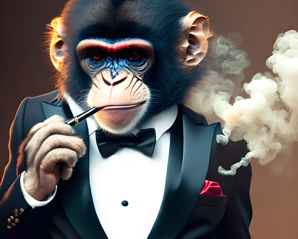 Baboon in Tailored Suit with Bow Tie and Pipe on Dark Background