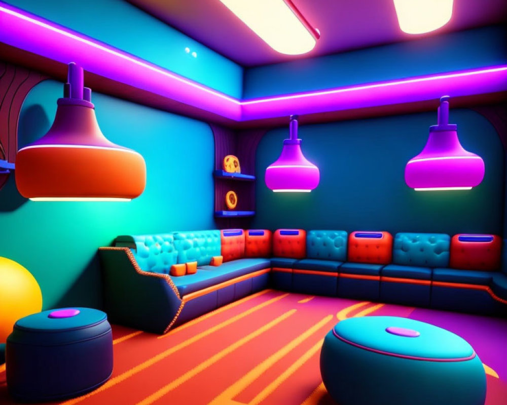 Colorful Neon-Lit Interior with Vibrant Furniture and Striped Floor