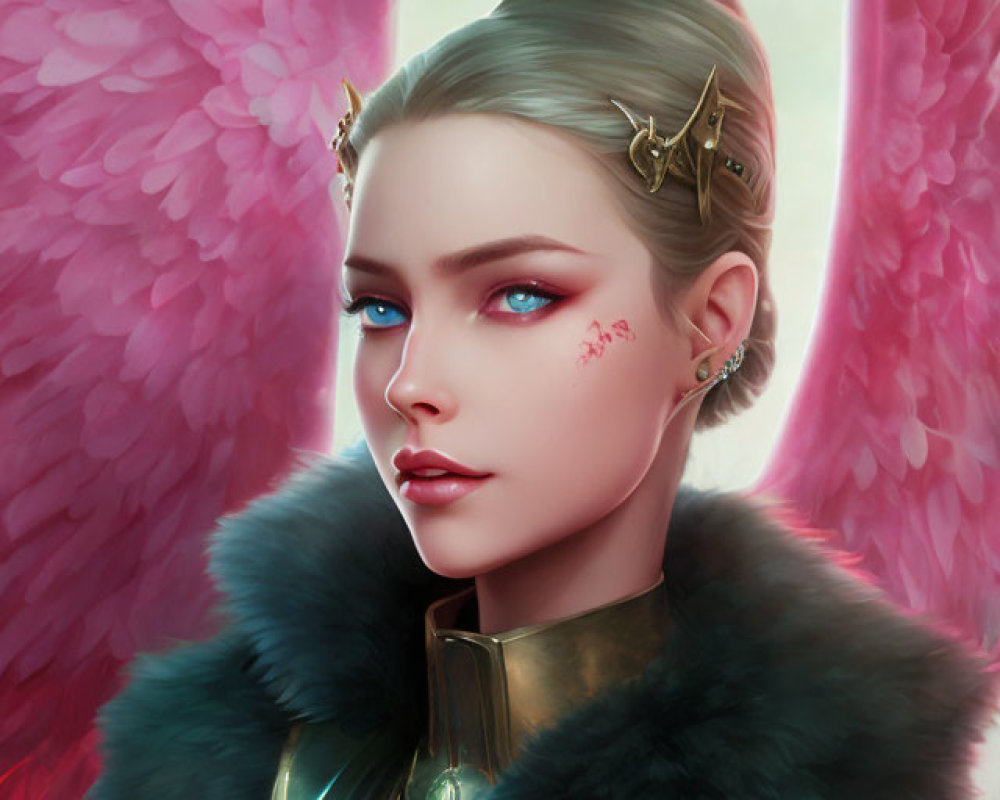 Illustrated female figure with pink wings and golden armor and elegant ear piercings
