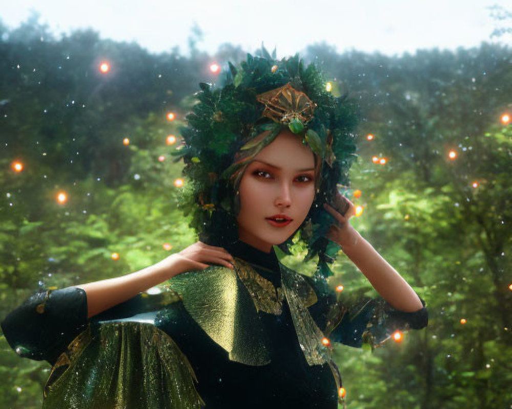 Forest fairy with leafy headpiece in mystical glowing forest