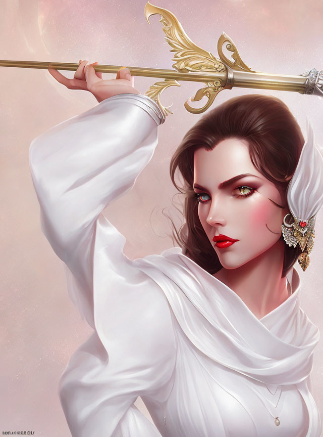 Digital painting of woman with dark hair, golden sword, white outfit, and ornate earring on