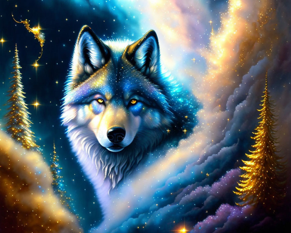Majestic wolf head in cosmic setting with stars and pine trees