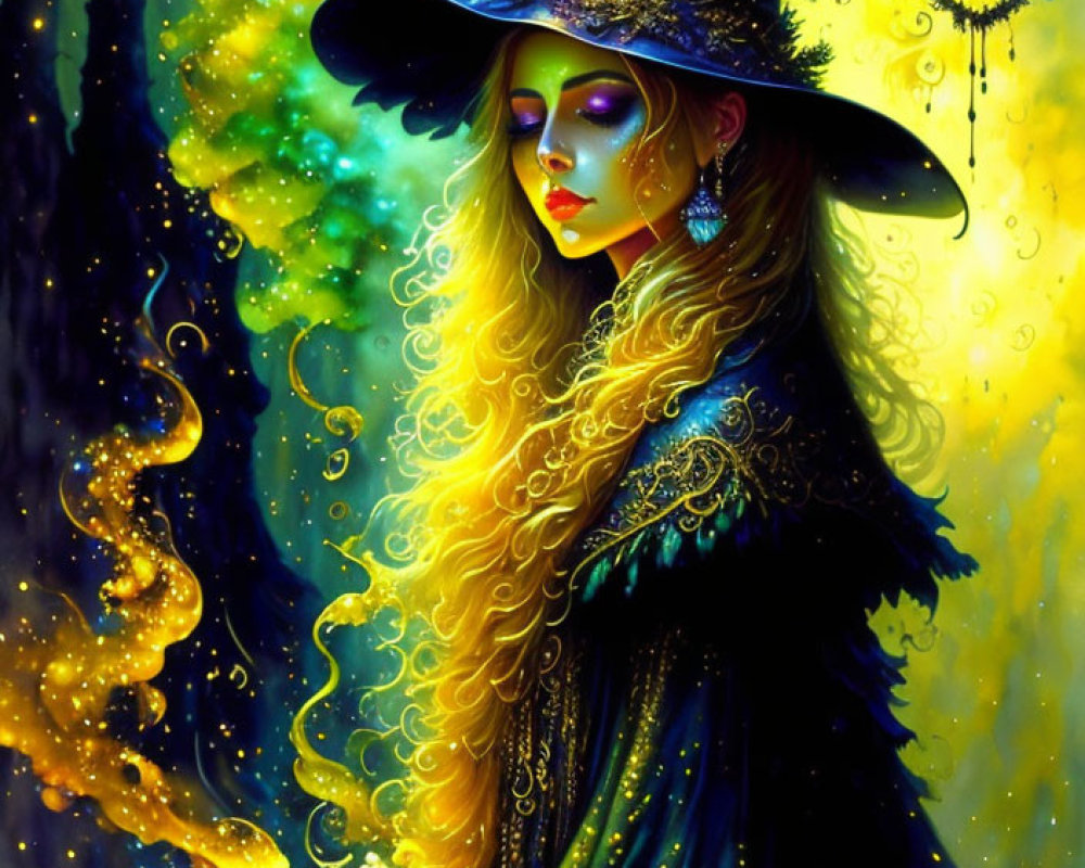 Fantasy illustration of a witch with glowing eyes and starry attire