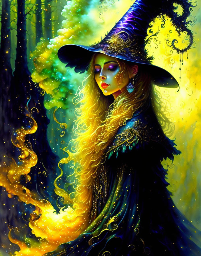 Fantasy illustration of a witch with glowing eyes and starry attire