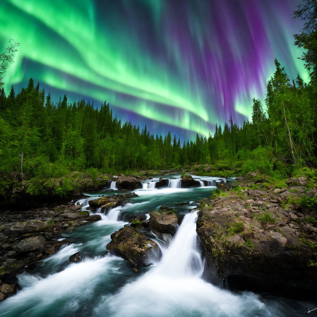 Colorful Aurora Borealis Over Forest River
