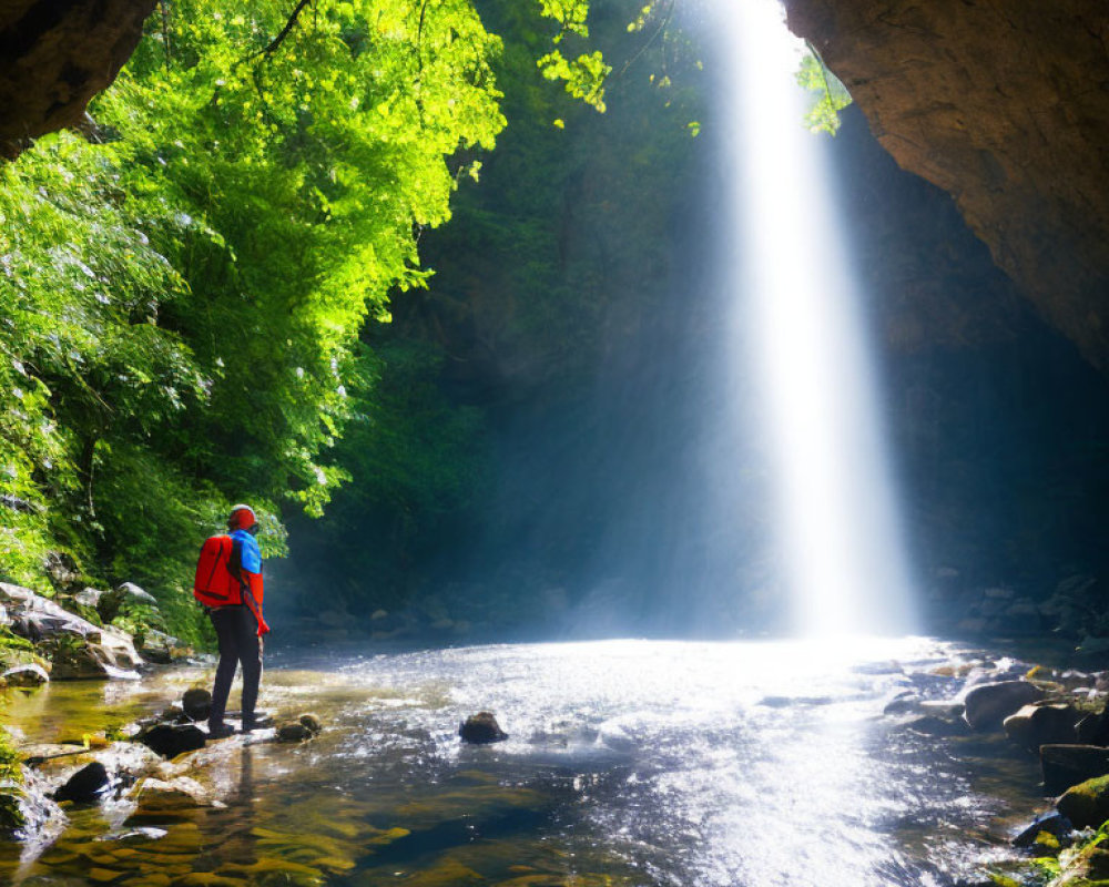 Person in Red Jacket Standing in Sunlit Water Stream Inside Cave with Majestic Waterfall