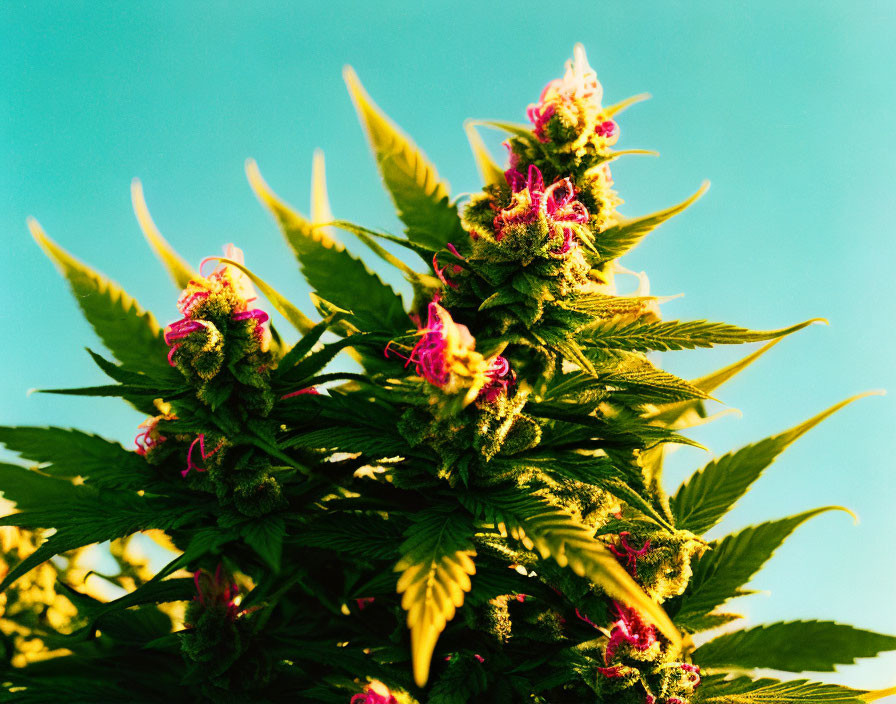 Green cannabis plant with pink pistils under blue sky
