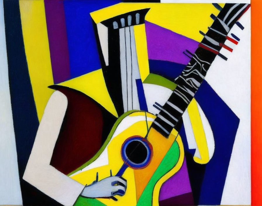 Colorful Cubist Painting of Guitar with Geometric Shapes