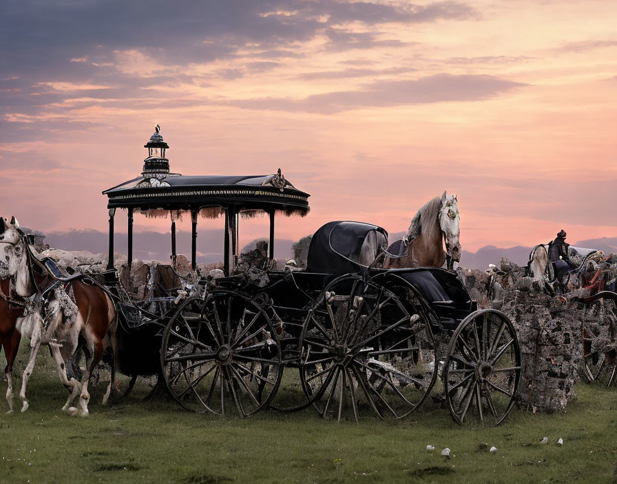 Horse-drawn carriages under pink and purple twilight sky