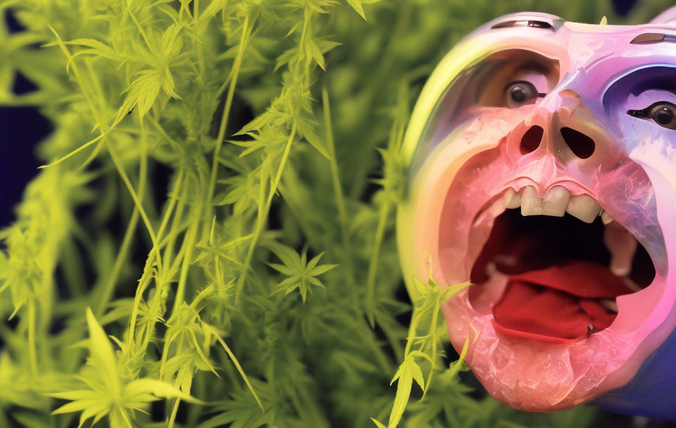 Colorful surreal mask with open mouth in lush green plant setting