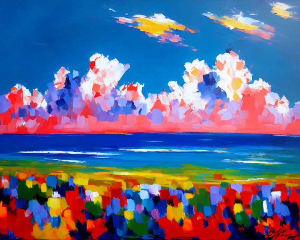 Colorful Flower Field Painting with Sea and Sky in Pink and Orange Hues
