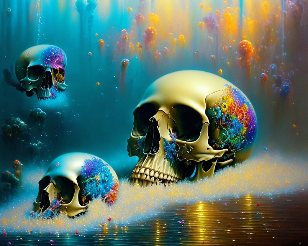 Colorful Cosmic Skull Artwork Underwater with Jellyfish