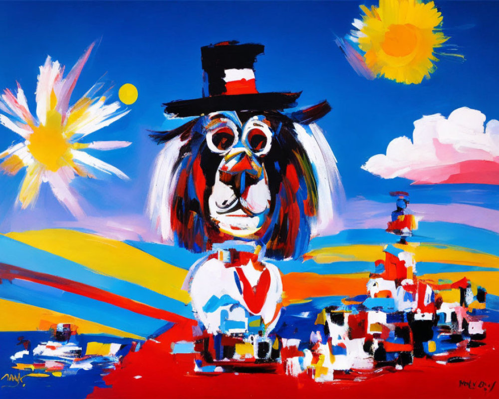 Colorful painting of whimsical lion-faced character in top hat and bowtie against bright sky and abstract
