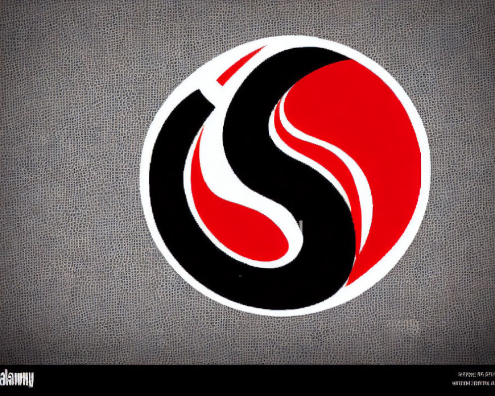 Red and White Yin-Yang Logo on Textured Gray Background