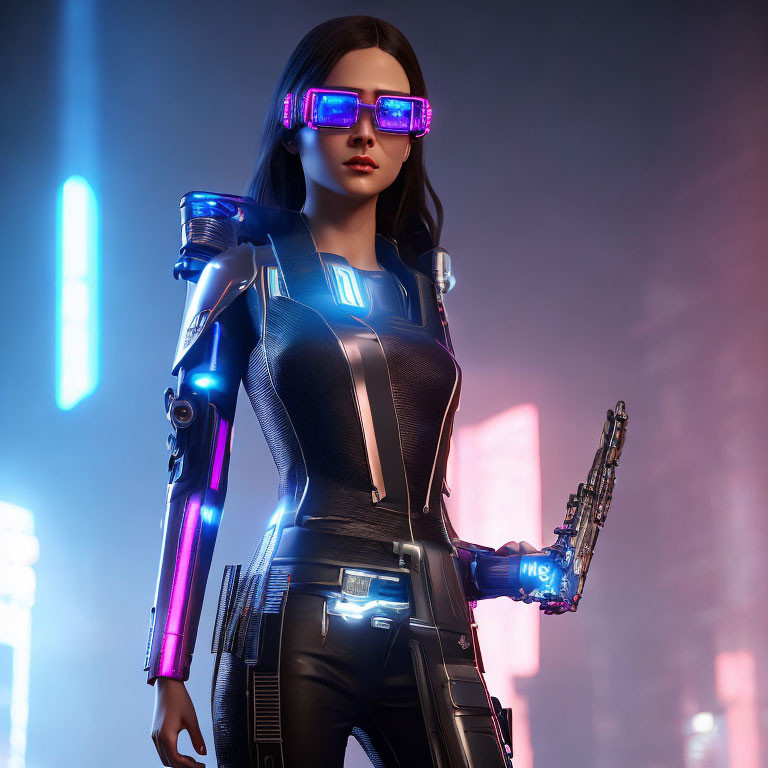 Futuristic female figure with glowing glasses and high-tech weapon in neon-lit cityscape