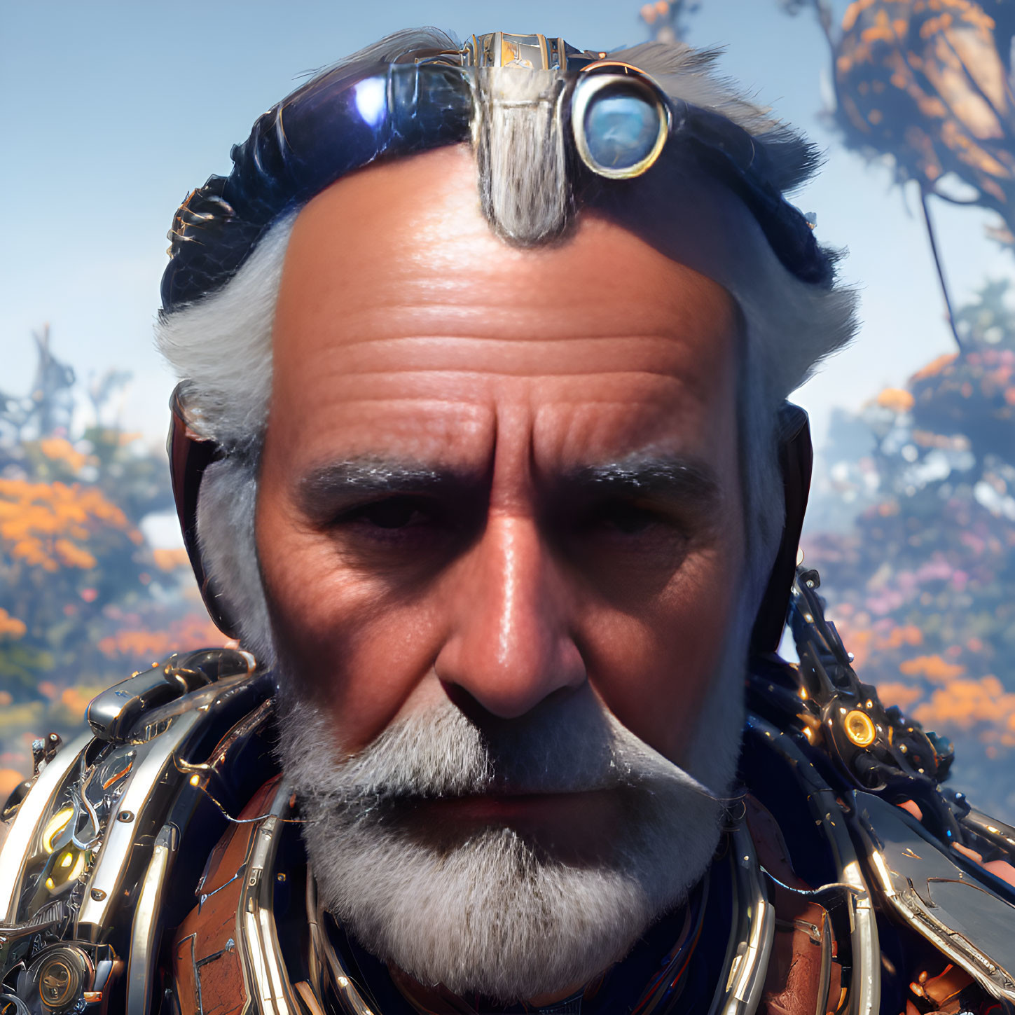 Character with White Hair and Beard in Futuristic Armor and Goggles Against Natural Background