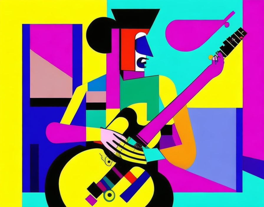 Colorful Abstract Art: Stylized Person Playing Guitar on Geometric Background