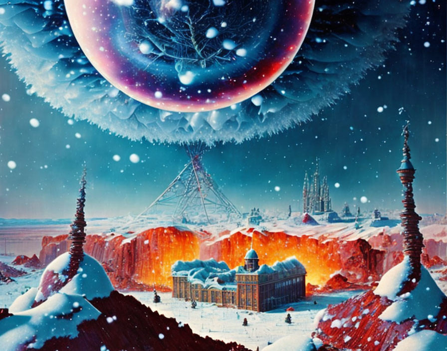 Winter landscape with fiery chasm, ornate buildings, snowfall, celestial body