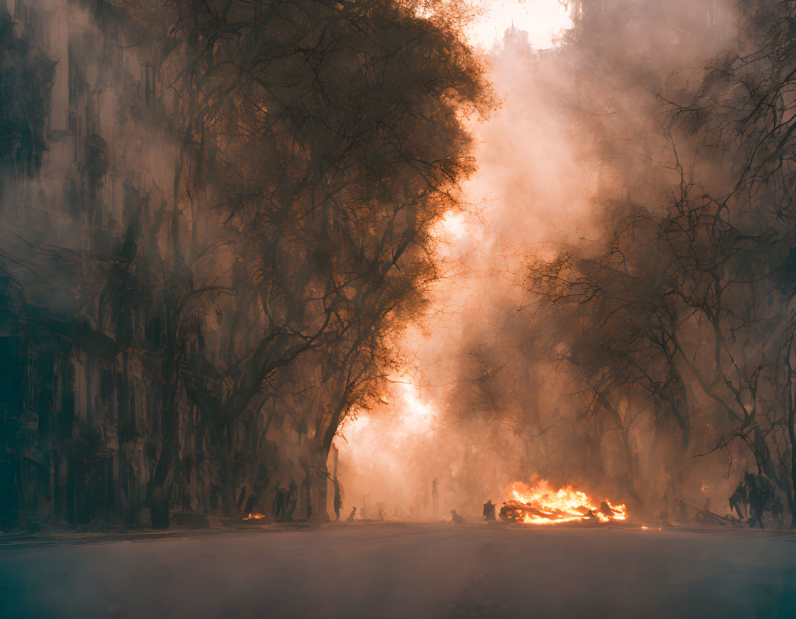 Surreal street scene with mist, people, and fire under trees