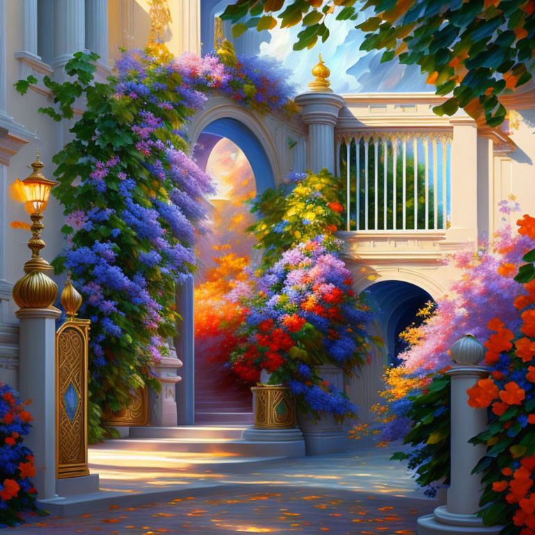 Colorful garden with lush flowers and architectural elements