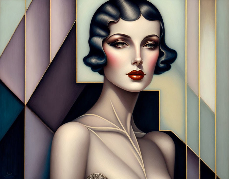 Woman in Art Deco Style with Wave-Patterned Hair