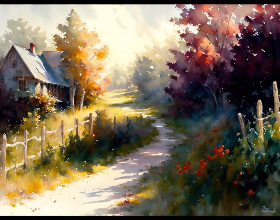Autumn landscape painting of a house, path, trees, fence, and sunlight