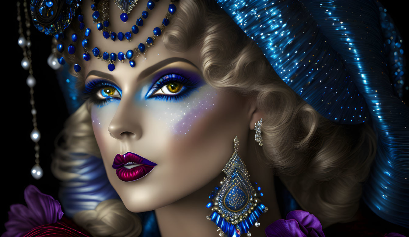 Digital Artwork: Woman with Glamorous Makeup and Sapphire Jewelry