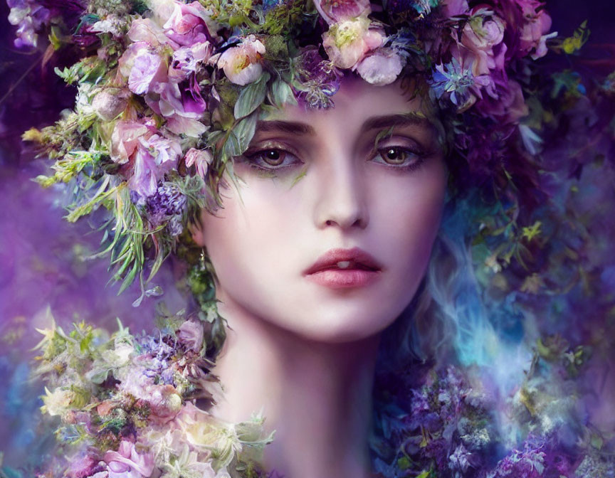 Portrait of person with pale skin and floral wreath in colorful mist.