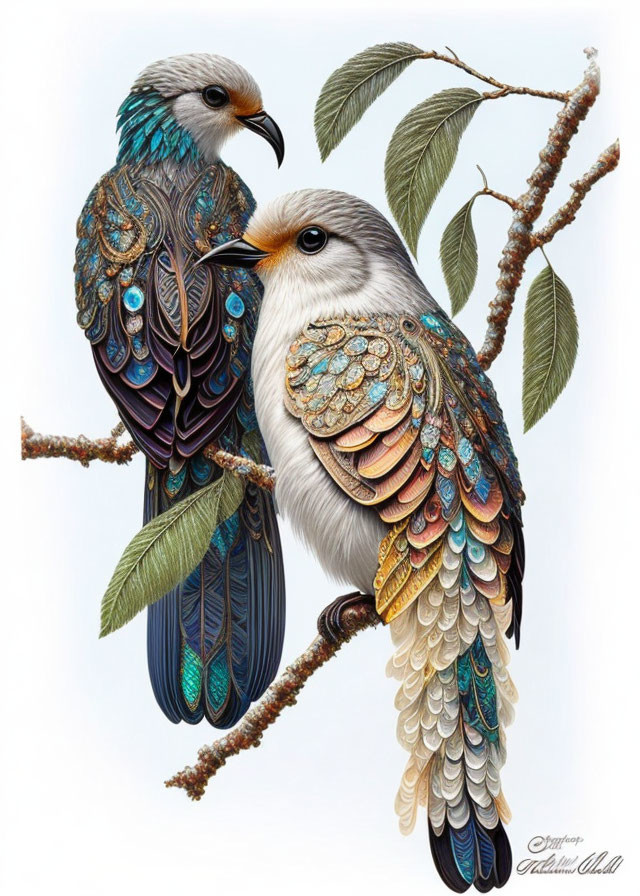 Intricately designed birds with jewel-like feathers on branch against white background
