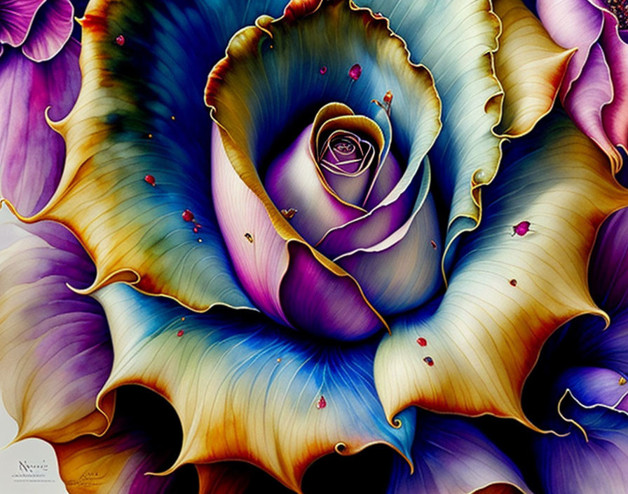 Abstract multicolored rose artwork with intricate petals in purple, blue, and yellow hues.