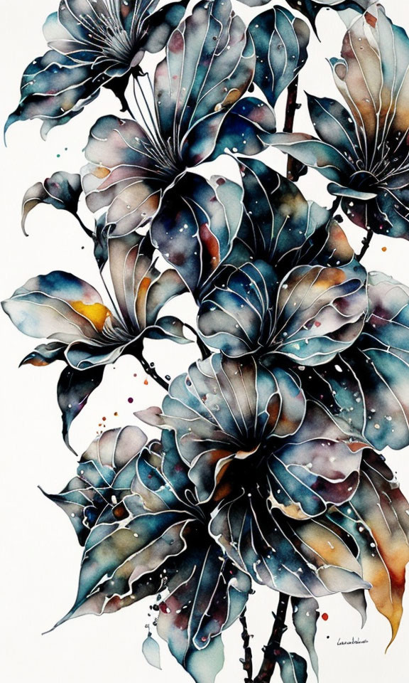 Detailed watercolor painting of stylized flowers in blue, black, gray, and red
