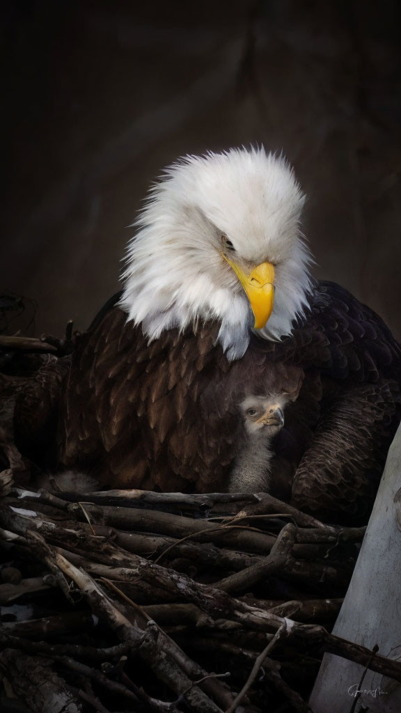 Adult Bald Eagle Protecting Chick in Stick Nest