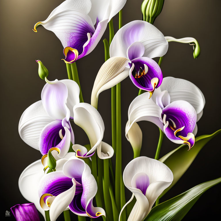 Illustrated Calla Lilies in White and Purple Blooms on Dark Background