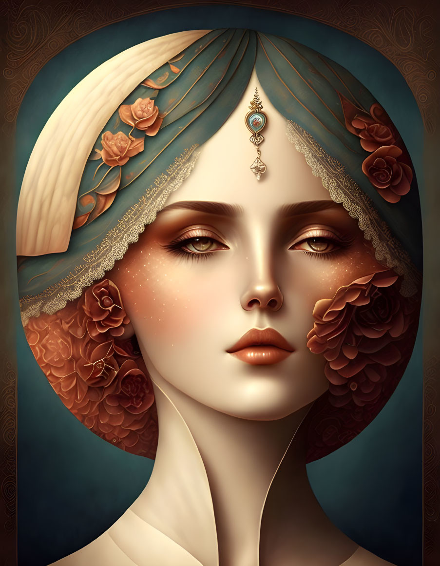 Serene woman illustration with rose headpiece and jewel.