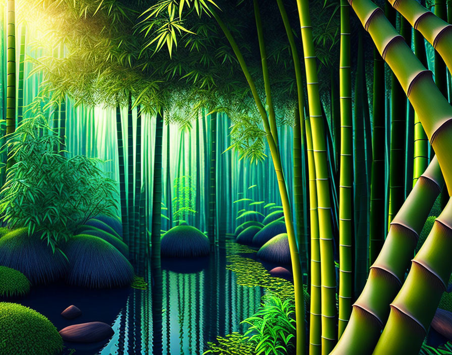 Tranquil digital art: Bamboo forest with green hues, sunlight, and reflective pond