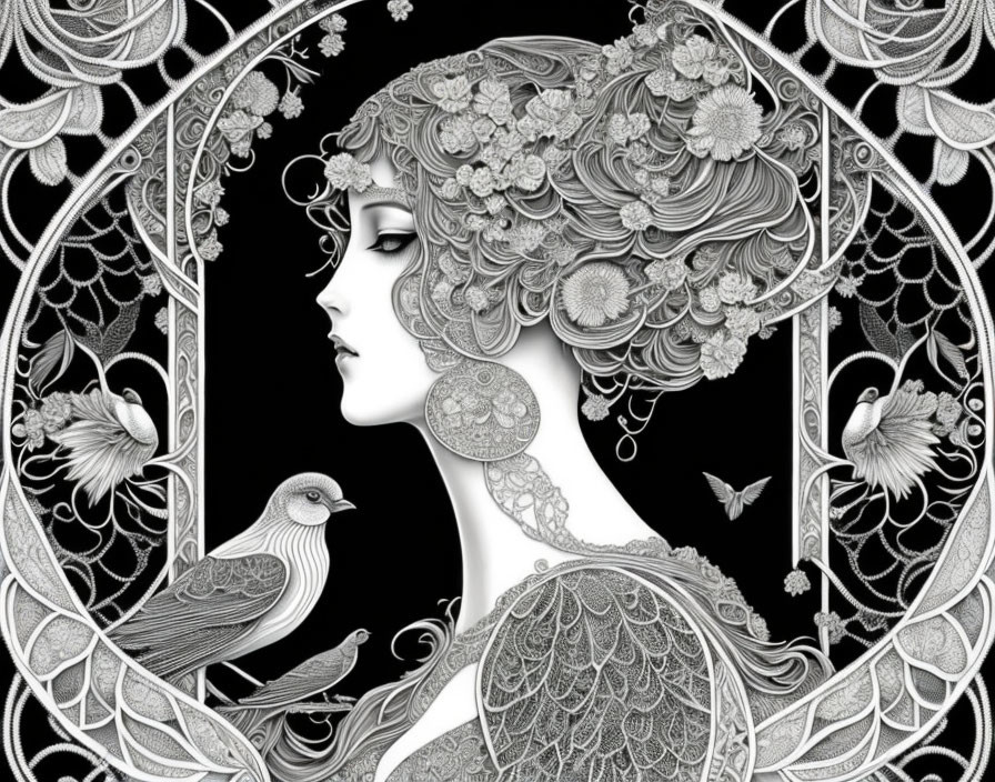 Art Nouveau Woman with Floral Hair, Birds, and Butterflies in Circular Frame