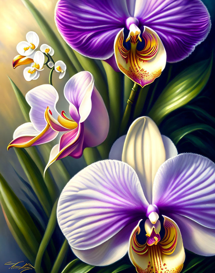 Detailed Purple and White Orchids Painting with Glowing Background