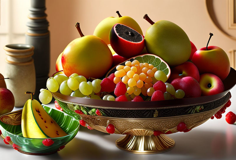 Colorful Fresh Fruits in Ornate Bowl with Kitchenware