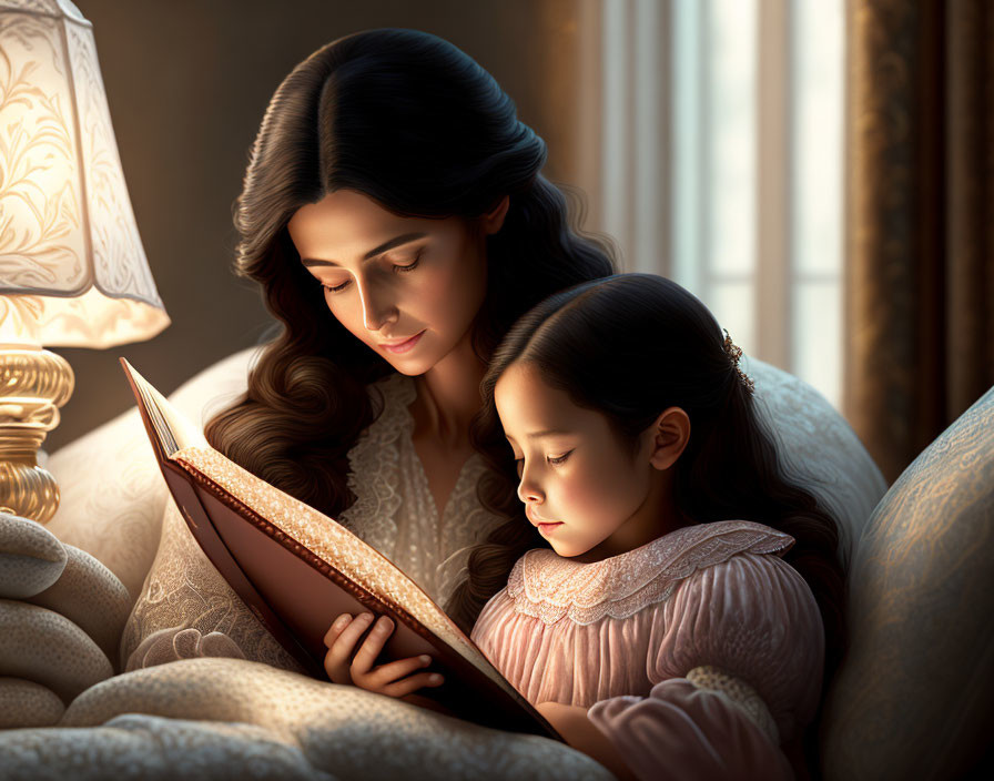 Woman and young girl reading book in warmly lit room with sunlight streaming in.