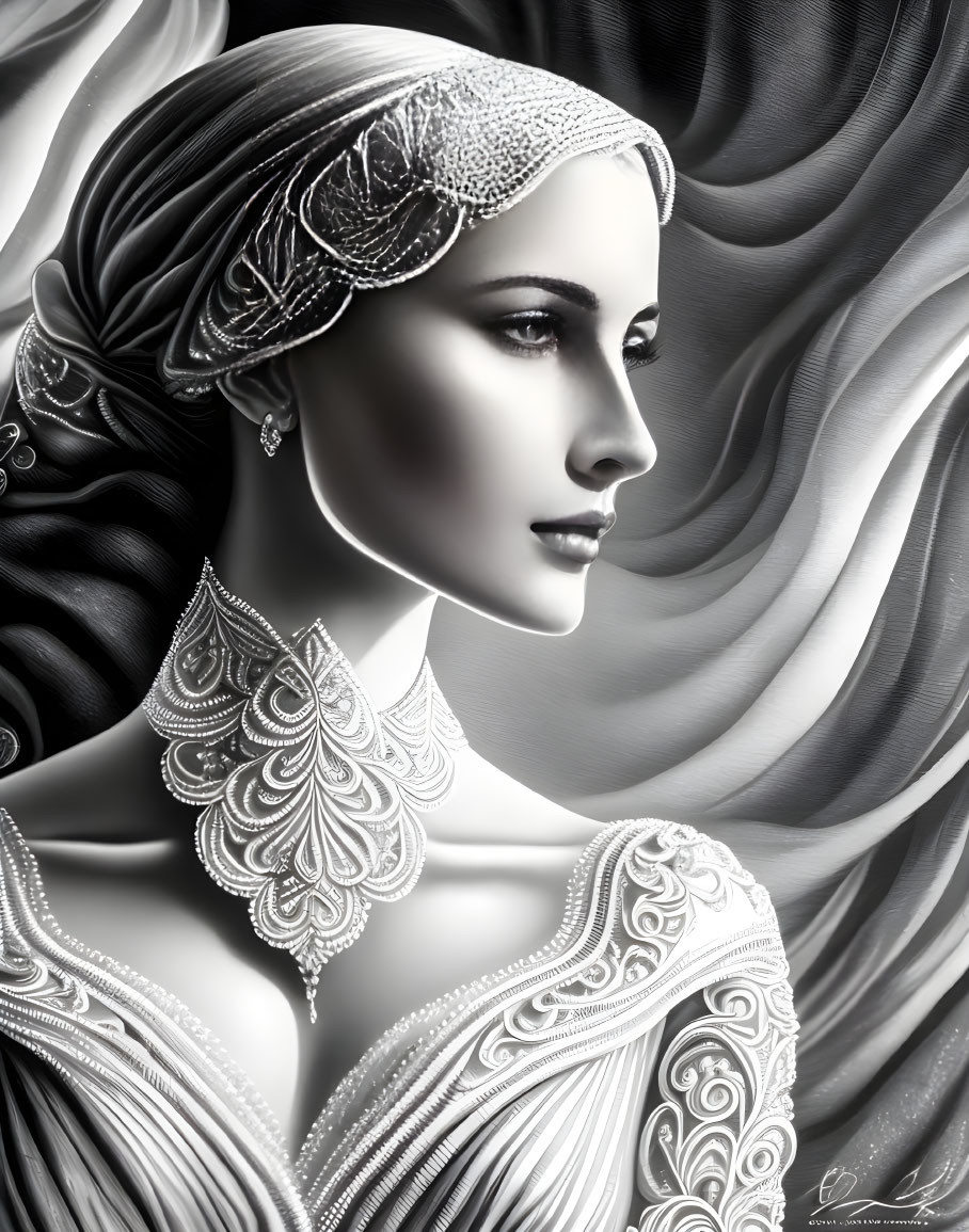 Monochromatic digital portrait of a woman with ornate headpiece and detailed collar